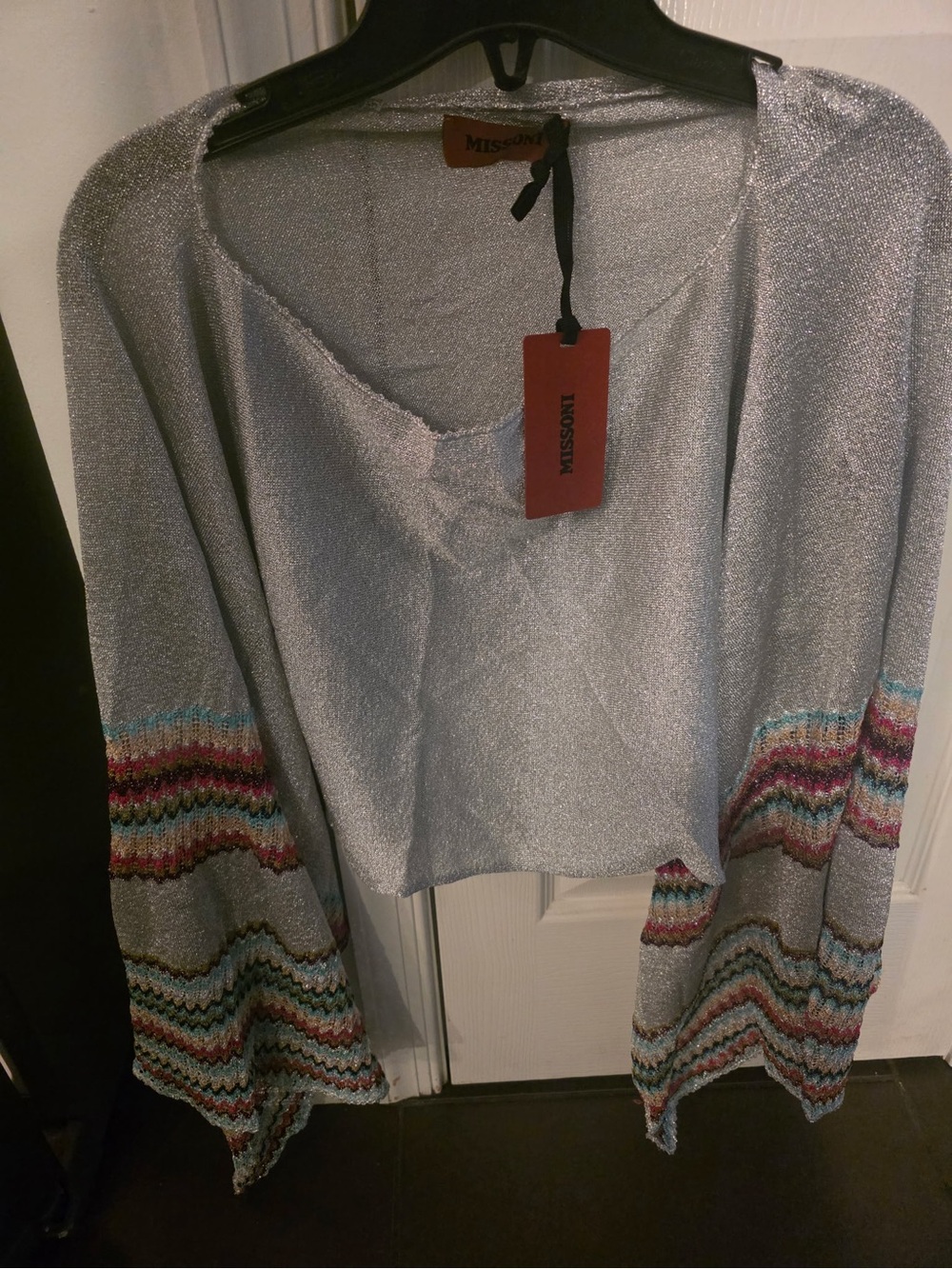 Missoni Silver V-Neck Sweater with Multicolor Chevron Sleeve Accents